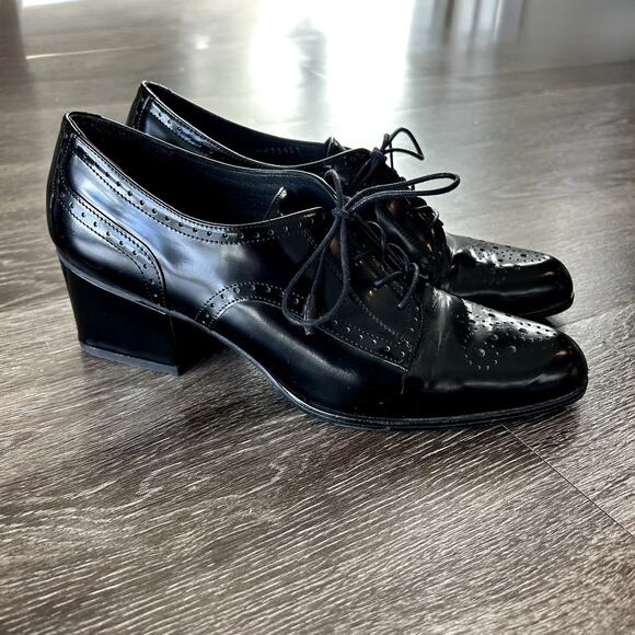 EUC Stuart Weitzman Thomas Black Patent Leather Oxford Heels 8 M Lace Up Brogue - Picture 4 of 16
